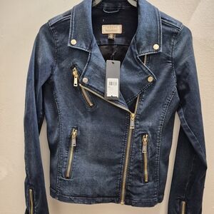 Guess Dark Blue Denim Moto Jacket with Gold Hardware